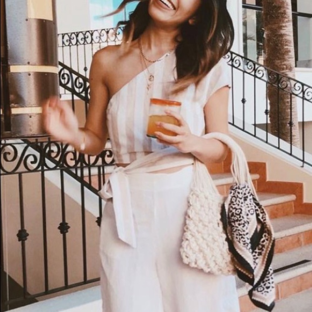 Striped One Shoulder Tie Waist Top